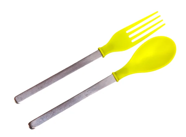 Children green fork and spoon isolated on a white background — Stock Fotó